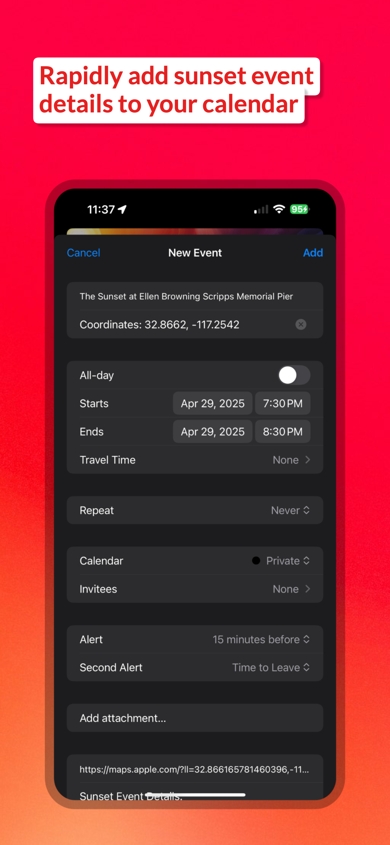 Screenshot - Rapidly add sunset event details to your calendar