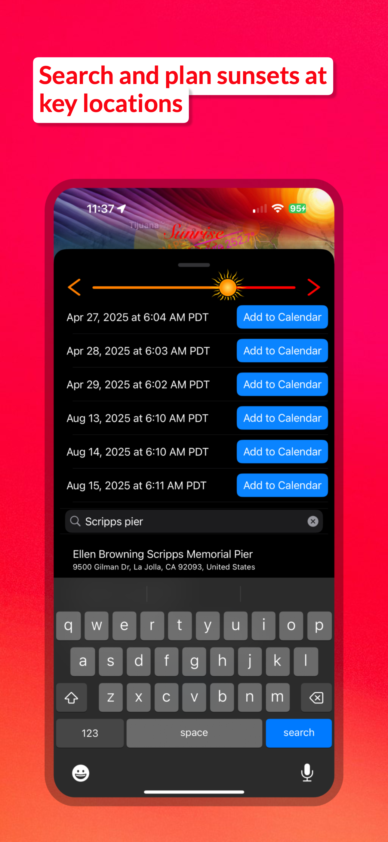 Screenshot - Search and plan sunsets at key locations